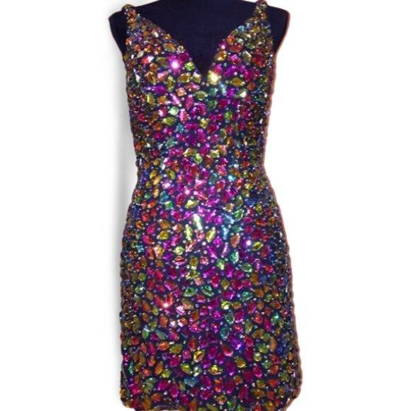 Luxurious Couture Multicolor Crystals Festive Party Prom Designer Holiday Dress - Picture 3 of 12